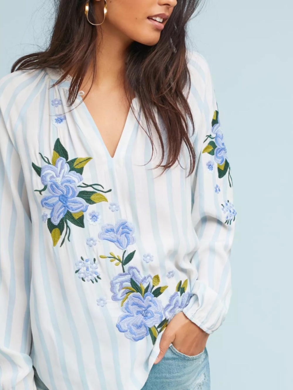 Anthropologie Akemi + Kin Embroidered and Striped Blouse Medium